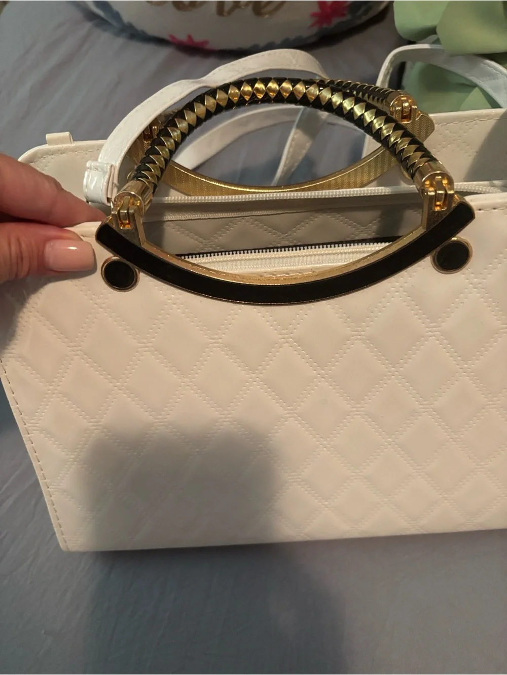 Quilted patent Leather Top-Handle Satchel - White